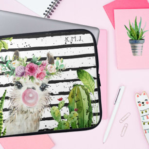 Housse Pour Ordinateur Portable Llama Aquarelle Cute Cactus et rayures florales