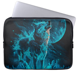 Housse Pour Ordinateur Portable Loup à flamme bleue