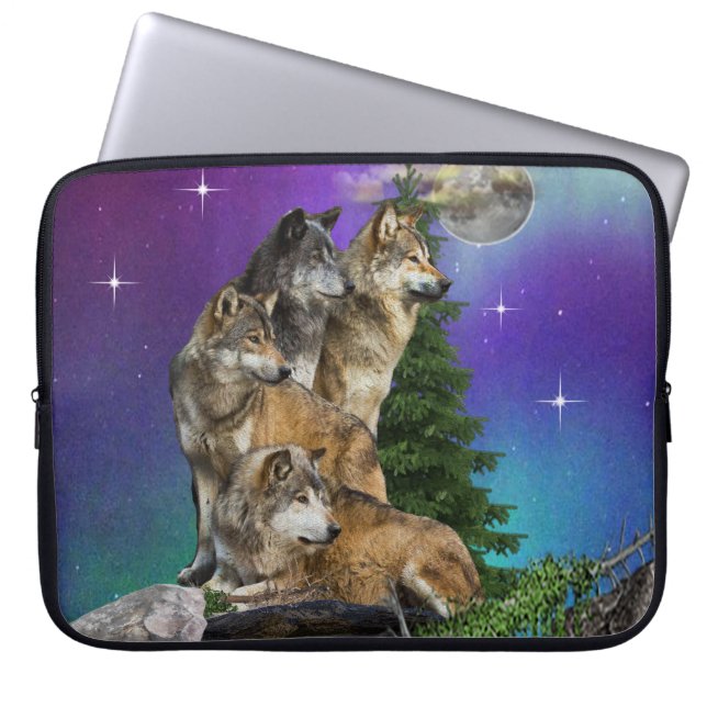 Housse Pour Ordinateur Portable loup et lune (Devant)