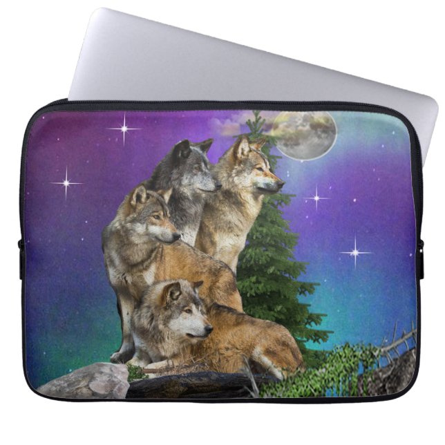 Housse Pour Ordinateur Portable loup et lune (Devant)