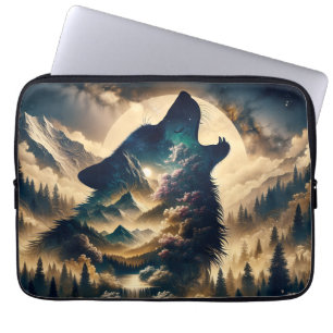 Housse Pour Ordinateur Portable Loup hurlant sur la lune une nuit nuageuse