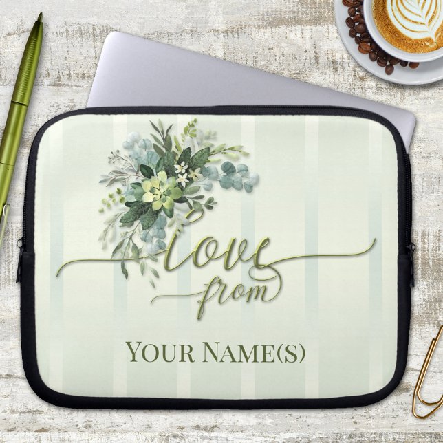 Housse Pour Ordinateur Portable Love Greenery Script Portable Sleeve (Elegant floral striped watercolor personalized laptop sleeve with  script text)