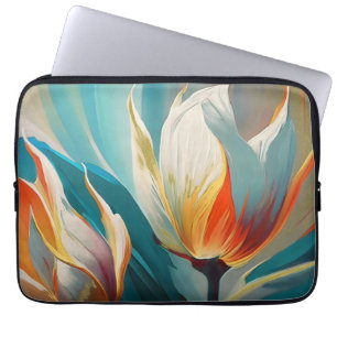 Housse Pour Ordinateur Portable Lueur florale abstraite en turquoise et orange