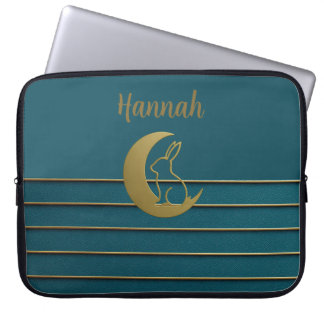 Housse Pour Ordinateur Portable Lune d'or et lapin sur Turquoise
