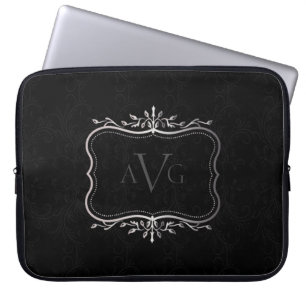 Housse Pour Ordinateur Portable Luxe Damas noir avec cadre argenté vintage