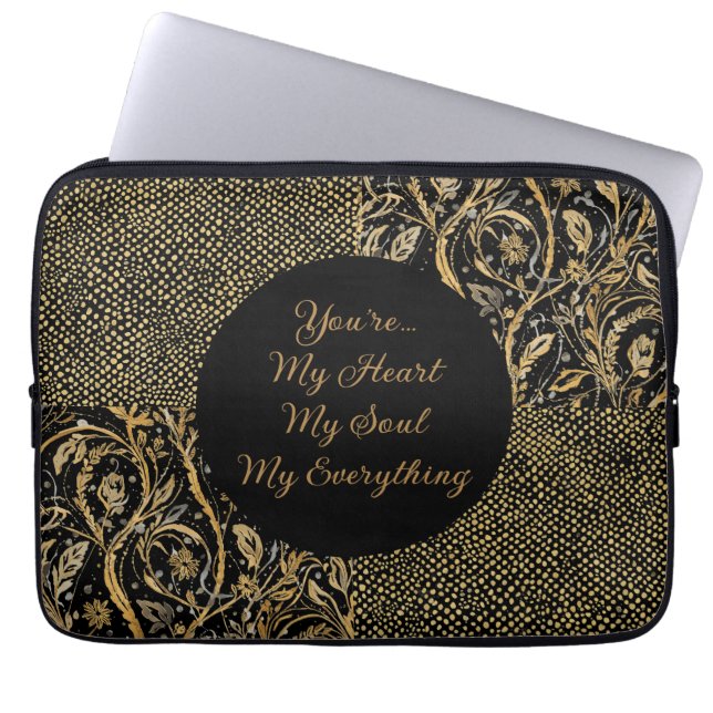 Housse Pour Ordinateur Portable Luxury, Valentine's Day,Black Gold Florals ,Pixel (Devant)