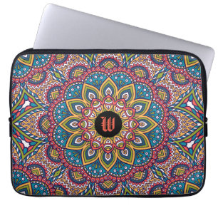 Housse Pour Ordinateur Portable Magenta pourpre turquoise de monogramme de mandala