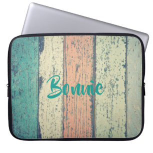 Housse Pour Ordinateur Portable Maison de plage en bois peint rayé turquoise sable