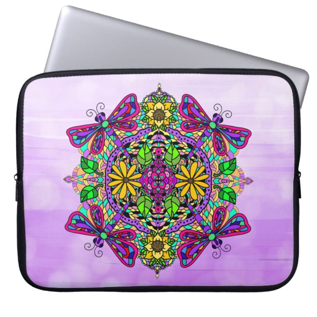 Housse Pour Ordinateur Portable Mandala de libellule à main violette (Devant)