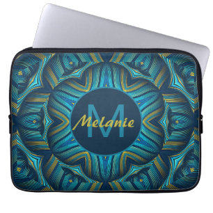 Housse Pour Ordinateur Portable Mandala Personnalisé Orné Bleu Jaune Abstrait