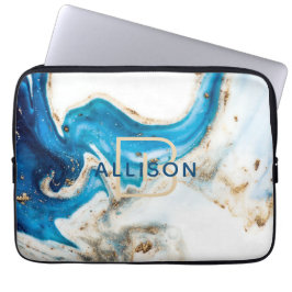 Housse Pour Ordinateur Portable Marbre blanc d'or bleu Monogramme d'art Abstrait