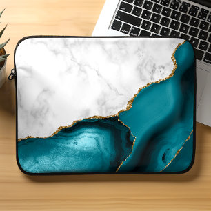 Housse Pour Ordinateur Portable Marbre blanc doré Turquoise Bleu Agate