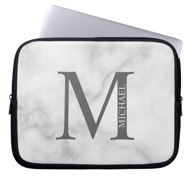 Housse Pour Ordinateur Portable Marbre blanc Monogramme personnalisé et nom (Devant)