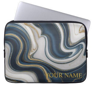 Housse Pour Ordinateur Portable Marbre Liquide Bleu Nuit et Or Moderne
