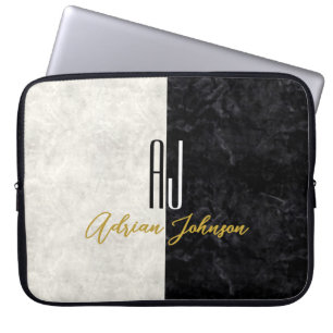 Housse Pour Ordinateur Portable Marbre Monogramme Or Noir