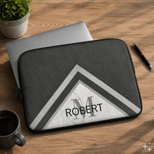 Housse Pour Ordinateur Portable Marbre noir argenté à chevron géométrique monogram