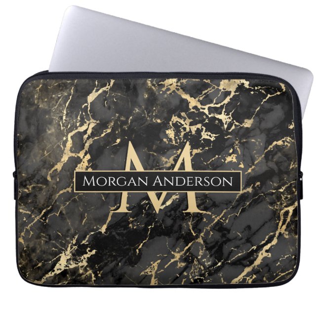 Housse Pour Ordinateur Portable Marbre or et noir dynamique, Monogramme do-it-your (Devant)