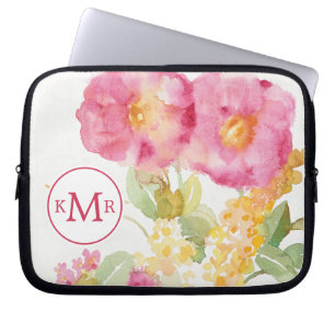 Housse Pour Ordinateur Portable Marguerite blanche du monogramme sur le bleu