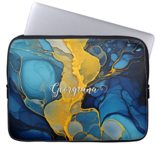 Housse Pour Ordinateur Portable Marine personnalisée et Gold Alcool Ink Fluid Art