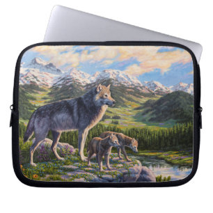 Housse Pour Ordinateur Portable Mère Wolf & Pups Mountain River Valley