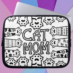 Housse Pour Ordinateur Portable Mignonne maman chat noir et blanc avec pattes de c