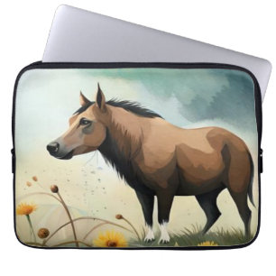 Housse Pour Ordinateur Portable Mignonne poney brun dans le champ floral