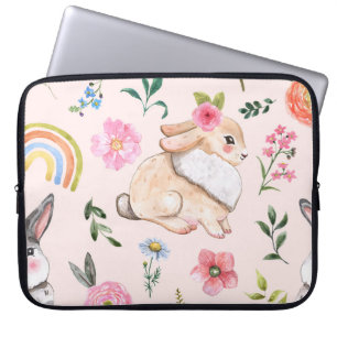 Housse Pour Ordinateur Portable Mignons lapins de Pâques modèle floral