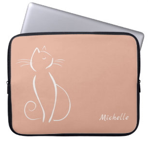 Housse Pour Ordinateur Portable Minimaliste Chat Blanc Sur Rose Ajouter Nom