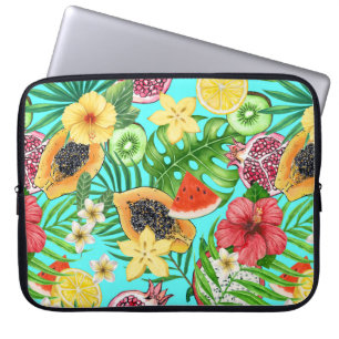 Housse Pour Ordinateur Portable Mix-fruit tropical, fleurs et feuilles en bleu