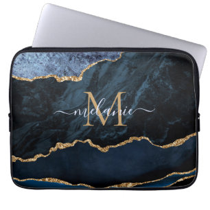 Housse Pour Ordinateur Portable Monogram Name Agate Blue Gold Marble Laptop Sleeve