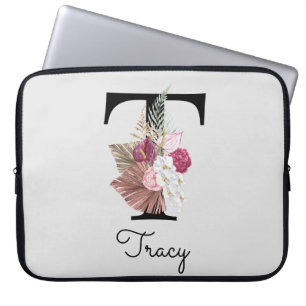 Housse Pour Ordinateur Portable Monogram Pink Boho Girly Floral Initial T