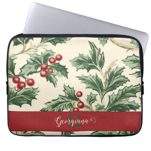 Housse Pour Ordinateur Portable Monogram Vintage Christmas Holly & Berries Motif