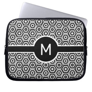 Housse Pour Ordinateur Portable Monogramme à une lettre sur Hexagons noirs et blan