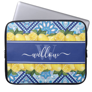 Housse Pour Ordinateur Portable Monogramme arrière en carreaux bleu citron