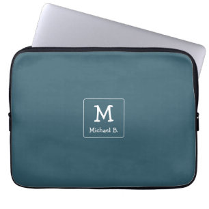 Housse Pour Ordinateur Portable Monogramme blanc et nom sur bleu
