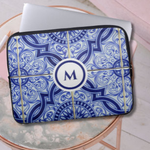 Housse Pour Ordinateur Portable Monogramme Bleu + Blanc Carrelage méditerranéen Mo