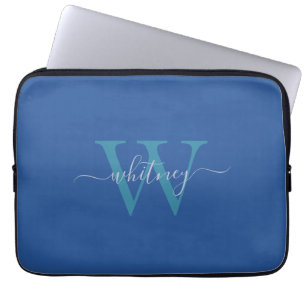 Housse Pour Ordinateur Portable Monogramme bleu simple Curseur Nom & Initiale
