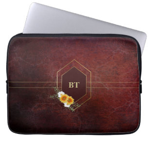 Housse Pour Ordinateur Portable Monogramme Bordeaux Pierre Or Géométrique Floral