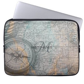 Housse Pour Ordinateur Portable Monogramme Carte Vintage Compass