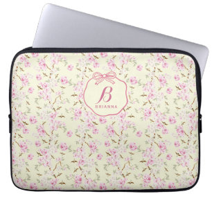 Housse Pour Ordinateur Portable Monogramme Coquette Fleurs Jaune Rose Ruban Fémini