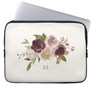 Housse Pour Ordinateur Portable Monogramme d'aquarelle florale rose-bourgogne mode