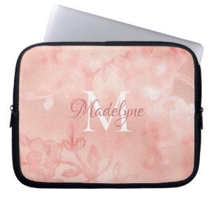 Housse Pour Ordinateur Portable Monogramme de dentelle florale rose vif moderne