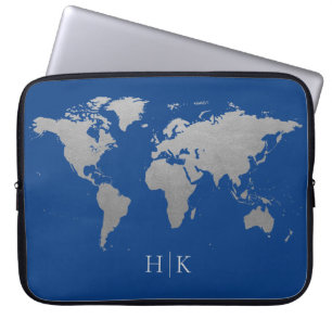 Housse Pour Ordinateur Portable Monogramme de la carte du monde Silver Blue Profes