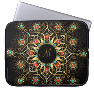 Housse Pour Ordinateur Portable Monogramme de Mandala rouge Turquoise Or