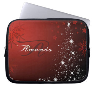 Housse Pour Ordinateur Portable Monogramme de Noël Etoiles blanches Arbre Red Snow