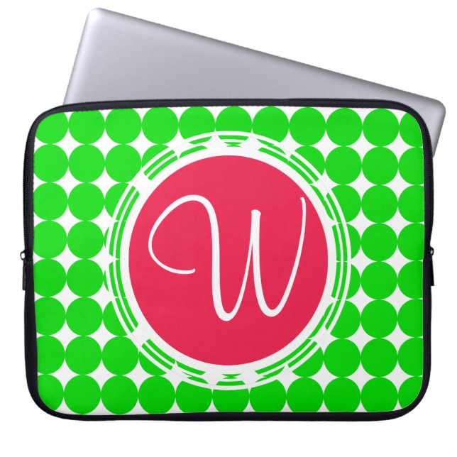 Housse Pour Ordinateur Portable Monogramme de point de polka rouge et vert (Devant)