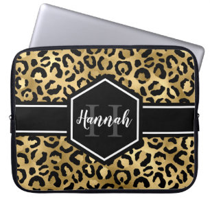 Housse Pour Ordinateur Portable Monogramme de points de léopard noir or