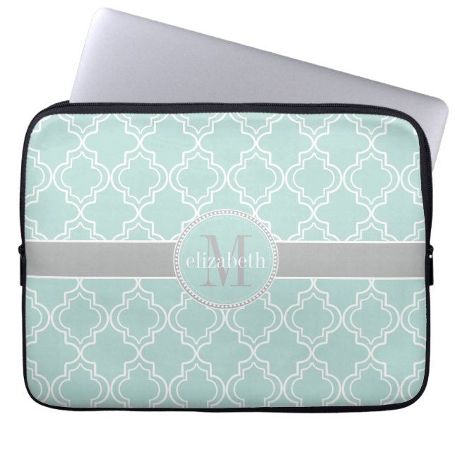 Housse Pour Ordinateur Portable Monogramme de Quatrefoil de Marocain de blanc gris (Devant)