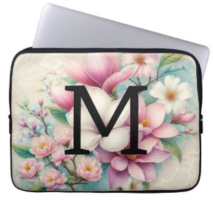 Housse Pour Ordinateur Portable Monogramme dentelle rose violet fleurs de magnolia