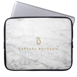 Housse Pour Ordinateur Portable Monogramme d'or minimaliste Marbre blanc